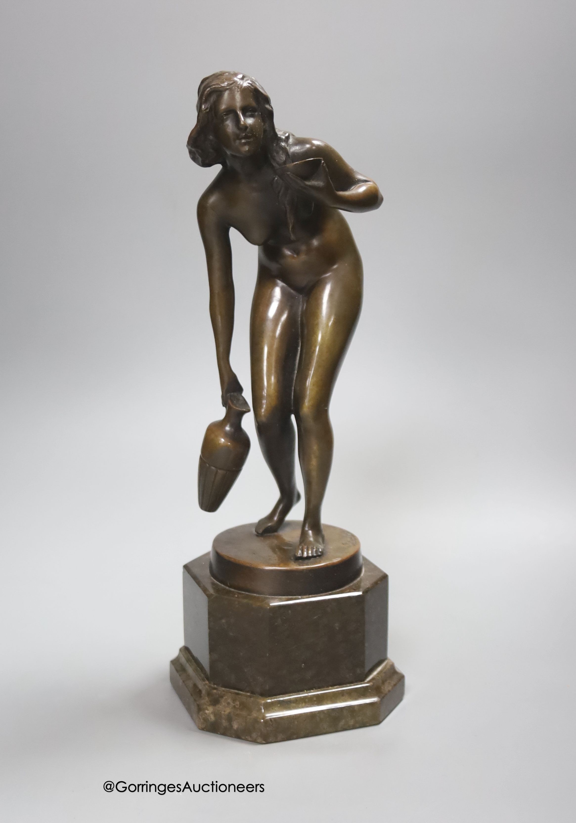 Franz Peleschka Lunar (b.1873). A bronze of a maiden carrying a water jug, on serpentine base, height 34cm